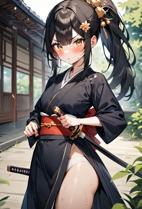 masterpiece, highest quality, so beautiful, Absurd, up to date, One girl, Unbuttoned Japanese clothing, Remove the band,Open the clothes,Panties,Sweat,Outdoor, alone, shout, v eyebrows, Black Hair, View your viewers, ponytail, Long Hair, sword, kimono, arm...