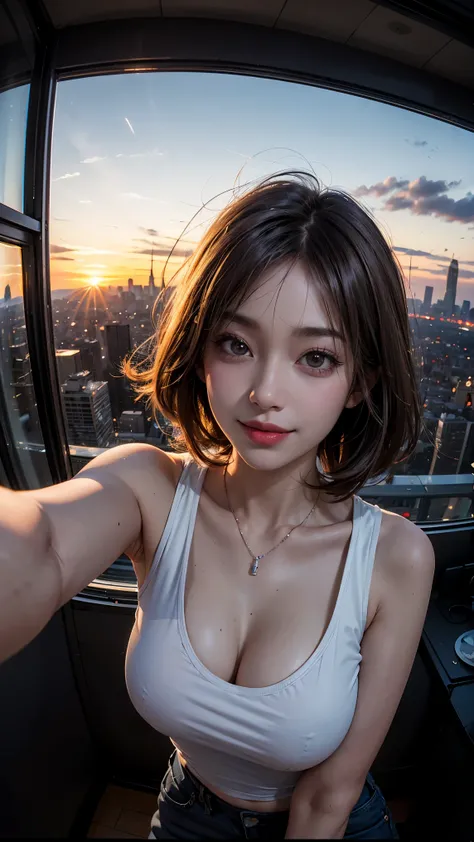 xxmixgirl,One girl, Fisheye Lens, Selfie, Wind, Messy Hair, sunset, Cityscape, (Aesthetics and atmosphere:1.2), Gray Hair,smile, Film Girl, Short top shirt, Chest wide open, 