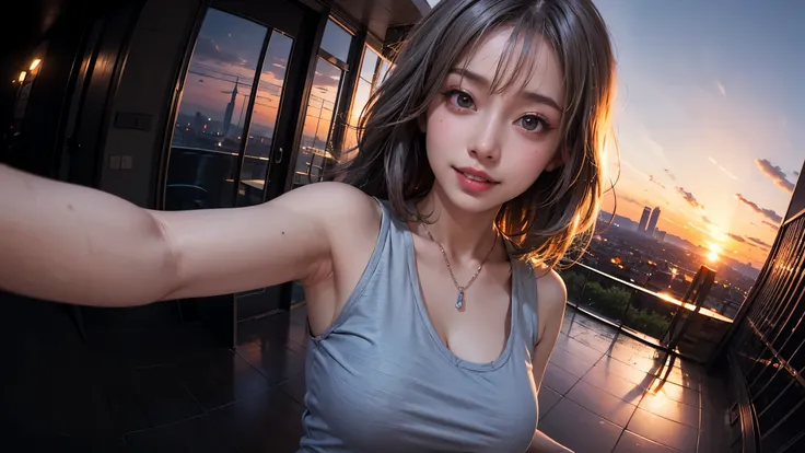 xxmixgirl,One girl, Fisheye Lens, Selfie, Wind, Messy Hair, sunset, Cityscape, (Aesthetics and atmosphere:1.2), Gray Hair,smile, Film Girl, Short top shirt, Chest wide open, 