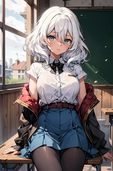 deep skin,textured skin, Altria Grem,
BREAK (military uniform, military,jacket,blue and white uniform,Skirt, (black_pantyhose:1.3):1,2)
BREAK sitting cross-legged on a chair, break indoors, classroom, break looking at viewer, (cowboy shot:1.5), 
BREAK (mas...