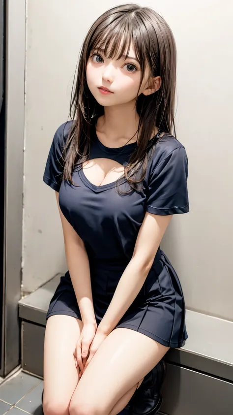 highest quality、8k quality、20-year-old woman covering her breasts with her hands、Deep U-neck T-shirt、Short skirt、Beautiful thighs、Soft breasts、Looking up at the photographer、Bend on one knee、Shot from the top of the front、Well-groomed, mature face、Beautifu...