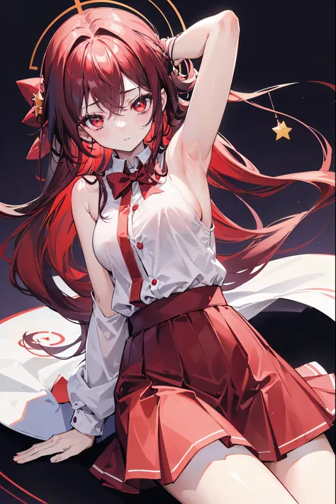 "anime girl, 1 person, dark red hair, shoulder length hair, dark red eyes, wearing a small hat, small hat, red hat with yellow trim,"((has a red star shaped energy circle on the back of her head))", wearing a shirt  Female with close-fitting eyelashes, uni...