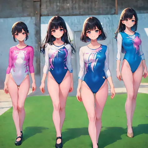 ((full body)),(masterpiece, best quality), (2 girls1.5) ,((Contrapposto:1.5)), looking at viewer, walking,((v_arms:1.2)),(Gymnastics club), （wearing gymnastics_longsleeves_leotard_outfit leotard:1.3),(simple leotard:1.3),(blue and pink leotard:1.3) ,((Butt...