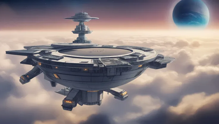 space ship and、a floating space with buildings and structures flying around it.。