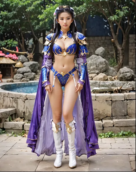 She looks like a very slutty girl,full body xianxia, Princess Diaoman, Sexy blue bikini armor，Long-legged girl，Put on your boots，Blue boots，Huge breasts，Put on your hat，fantasy服装, Put on a priest&#39;s cloak, pink cloak, lace cape，穿着fantasy服装, Standing on ...