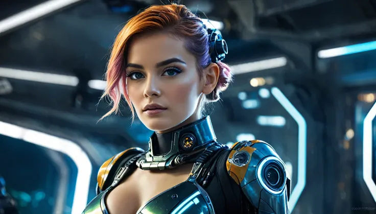 marco cinematografico, cyber style futuristic style space fighter girl, hermoso, futuristic, sexy, pulcro, moderno, modernoo, high technology, detallado, technological, cyber improvements, robotics, temas de inteligencia artificial, poca profundidad de cam...