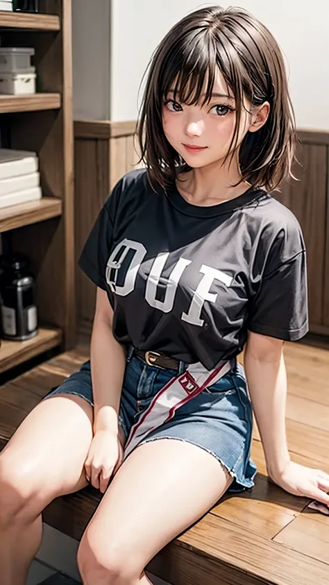 highest quality、4K quality、A 20-year-old woman shopping、Oversized T-shirt with deep U-neck、Short skirt、Beautiful thighs、Soft breasts、Looking up at the photographer、Bend on one knee、Hide your chest with your hands、Shot from the top of the front、Well-groomed...