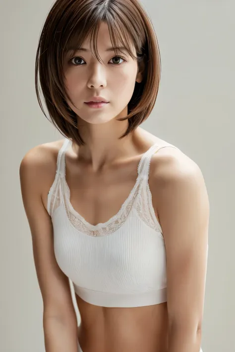 japanese, short women,  physical build, short arms, long, narrow eyes, fleeting atmosphere, 30 years old, brown bob hair, ((thin...