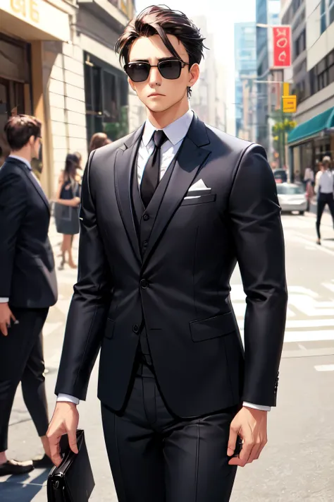 tall, slim and sexy man, elegant black suit and black sunglasses, looking intently at the camera, 3x4 photo