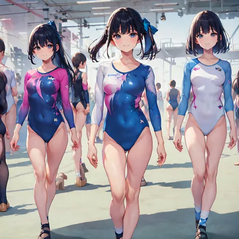 ((full body)),(masterpiece, best quality), (2 girls1.5) ,((Contrapposto:1.5)), looking at viewer, walking,((v_arms:1.2)),(Gymnastics club), （wearing gymnastics_longsleeves_leotard_outfit leotard:1.3),(simple leotard:1.3),(blue and pink leotard:1.3) ,((Ribb...