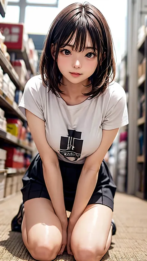 highest quality、4K quality、Young woman shopping、Oversized T-shirt、Short skirt、Beautiful thighs、Soft breasts、Looking up at the photographer、Bend on one knee、Hide your chest with your hands、Shot from the top of the front、