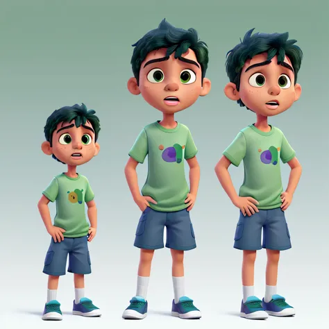 Miguel was a six-year-old autistic boy, wearing green shorts and a dark blue shirt, Miguel with a surprised expression on his face.  image white background, only the character in the image