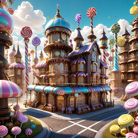 Challenge AI to reimagine the candy city with a steampunk twist, integrating gears, cogs, and intricate mechanical elements into the candy buildings. Request a photorealistic rendering in 8K resolution.