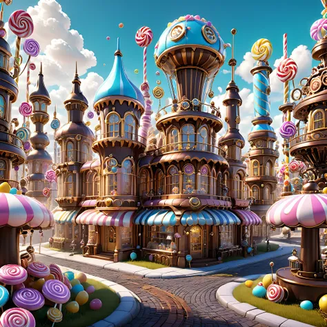Challenge AI to reimagine the candy city with a steampunk twist, integrating gears, cogs, and intricate mechanical elements into the candy buildings. Request a photorealistic rendering in 8K resolution.