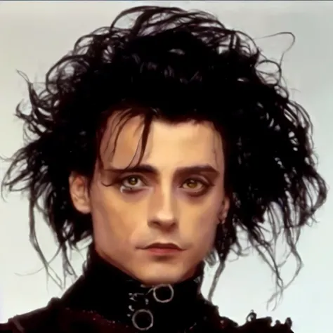 um close de uma pessoa com cabelo muito comprido, Eduardo scissorhands, Tim Burtons style, Tim Burton style, in a Tim Burton movie, Tim Burton supersampled, Tim Burton, a Tim Burton film, in style of Tim Burton, Eduardo, Rossdtaws, rim light style Tim Burt...
