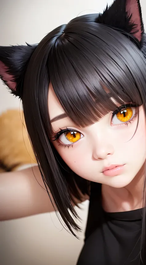 realistic, cute, beautiful, very detailed faces, very detailed eyes and very detailed pose , black T-shirt and skirt, black short hair, Big yellow eyes, fake cat ears,