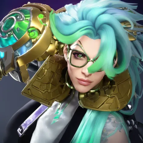 a close up of a person with a green hair and glasses, lucio as a woman, tane skin, kda, junker queen from overwatch, style of ki...