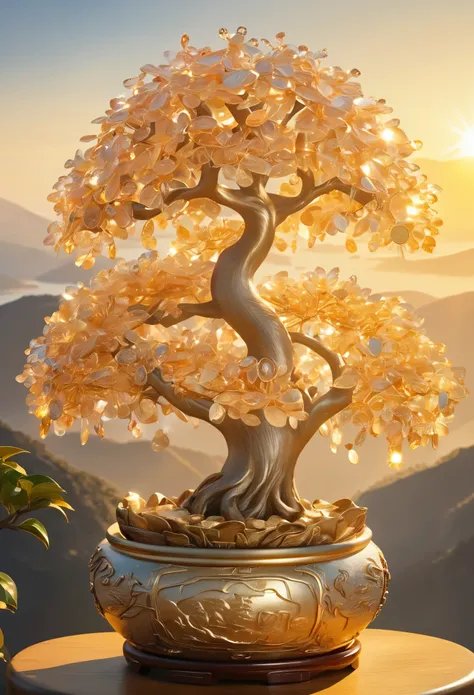 (masterpiece, best quality:1.2), crystal money tree on the top of the mountain，the sun shines on the money tree（ （（sunset））），lig...