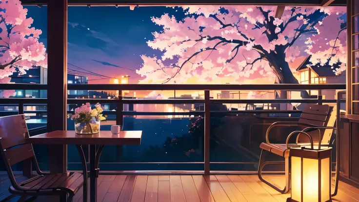 (lo-fi,lo-fi style,lofi music:1.1),relaxing atmosphere,night scenery,landmark blending with cherry blossoms,modern scene,cafe ta...