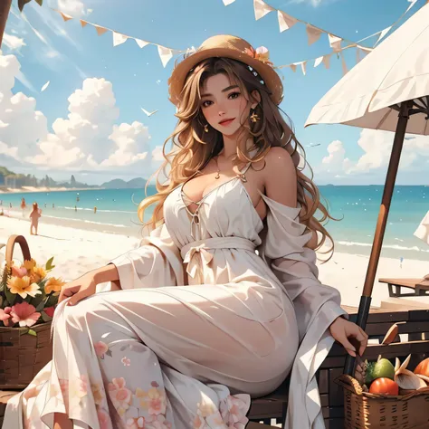 1girl, solo focus, long ombre hair color, curly hair, beach, farm, broad view, radiant sky, (extremely beautiful),summer outfit, flowery sandals,brown hair, sexy,glossy skin,oval face,fishing,tall, (slim body goals)