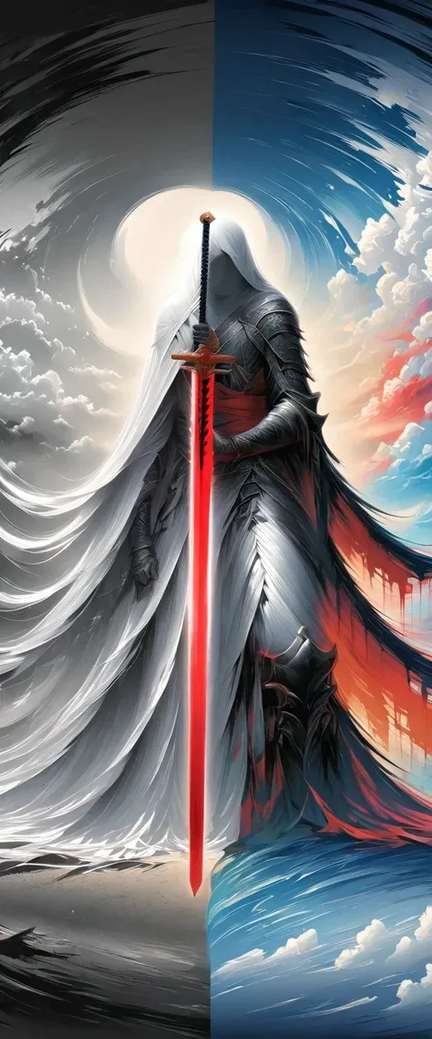 (masterpiece, best quality:1.2),  1 Girl, Solitary,Chinese swordsman，Abstract Art，Holding a red long sword，The artwork should transition from a pencil drawing style in black and white on the left half to vibrant colors on the right half, Ensure a seamless ...