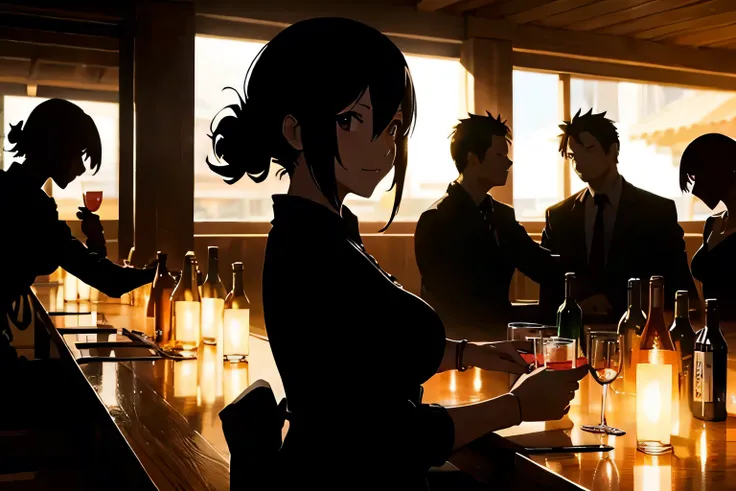 In anime style, Matepiece, More than one person, A large group of men and women drinking alcohol, ((silhouette:1.3)), Alumni Association, drinking party, Beautiful and perfect face, The best smile, Scenery of the tavern, Best Quality, masterpiece, 32k,