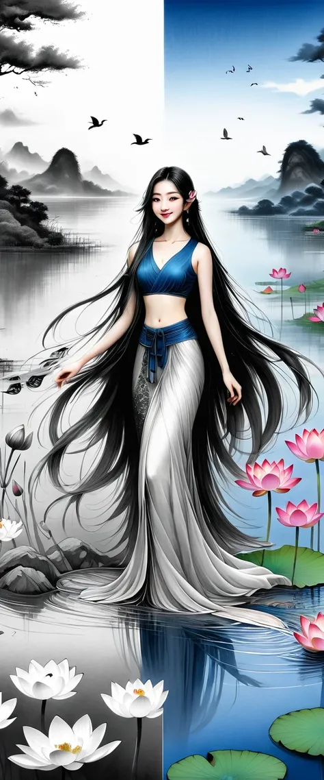 ((4K,masterpiece,best quality)), Bisim, Traditional Chinese ink painting, lotus, Hanfu, maxiskit, Dress conservatively 1girl, Solitary, Blue long hair, Smile, permanent, Feet in water, barefoot,The artwork should transition from a pencil drawing style in b...