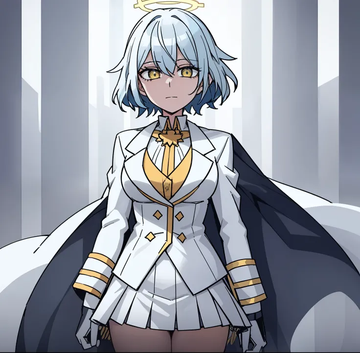 1 girl, short sky blue hair, light blue hair colour, have bang, golden yellow eyes, looking at viewer, white shirt, white suit, white skirt, halo