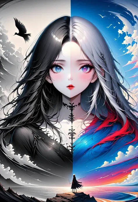 black、White、Blue and Red,(best quality, Super detailed, high resolution, Extremely detailed CG),Wide-angle lens,Dead angel standing on the edge of a cliff,She is beautiful,She likes blood and the ocean,Blood Rain, mystery,Fanatic, Wheels within wheels, Sur...