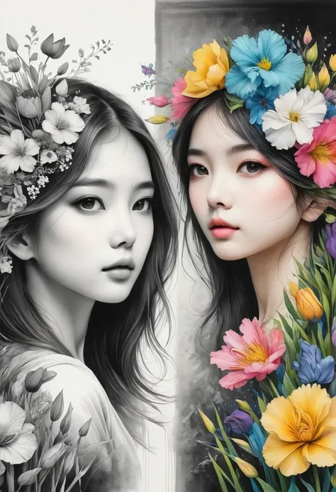 (Anime line drawing:1.5),(Black and White:1.45),Minimalism,(Line art:1.6),sketch,charcoal drawing,mask,flower,The artwork should transition from a pencil drawing style in black and white on the left half to vibrant colors on the right half, Ensure a seamle...