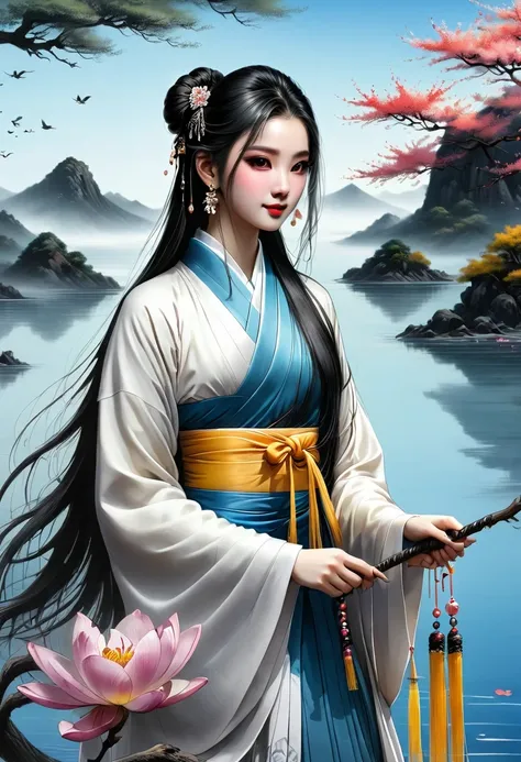 manganese,1 Girl,Solitary,Long hair,water,Black Hair,jewelry,Hair Bun,earrings,Chinese clothes,Hanfu,Hair accessories,flower,Branches,Long sleeve,skirt,rock,sash,single Hair Bun,Tree,whole body,permanent,The artwork should transition from a black and white...