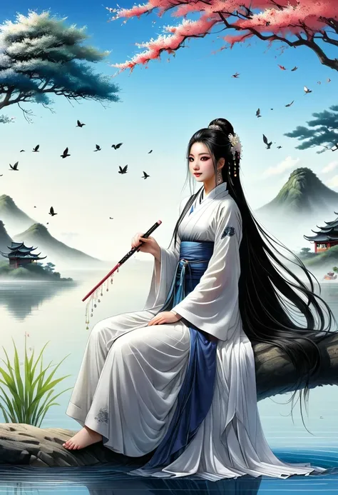 manganese,1 Girl,Solitary,Long hair,water,Black Hair,jewelry,Hair Bun,earrings,Chinese clothes,Hanfu,Hair accessories,flower,Branches,Long sleeve,skirt,rock,sash,single Hair Bun,Tree,whole body,permanent,The artwork should transition from a black and white...