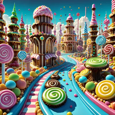 Imagine a candy city in the style of Giorgio de Chiricos metaphysical art, with elongated shadows and surreal juxtapositions of gears and candy structures. 8K resolution, photorealistic.