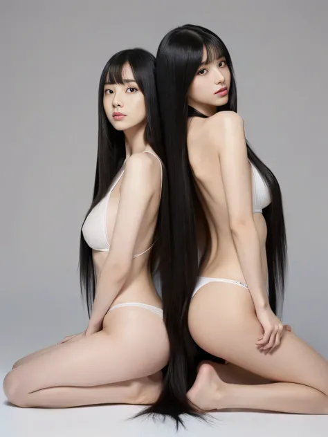 (2 Full body shot of a woman 1.3)　((Both of them in random poses that show as much back and hair as possible.:1.8))　((Beautiful 24-year-old hair model with long black hair, girl with super Very long hair down to the ankles, extremely Very long hair down to...