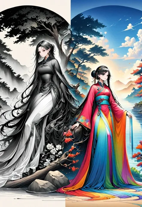 manganese,1 Girl,Solitary,Long hair,water,Black Hair,jewelry,Hair Bun,earrings,Chinese clothes,Hanfu,Hair accessories,flower,Branches,Long sleeve,skirt,rock,sash,single Hair Bun,Tree,whole body,permanent,The artwork should transition from a black and white...