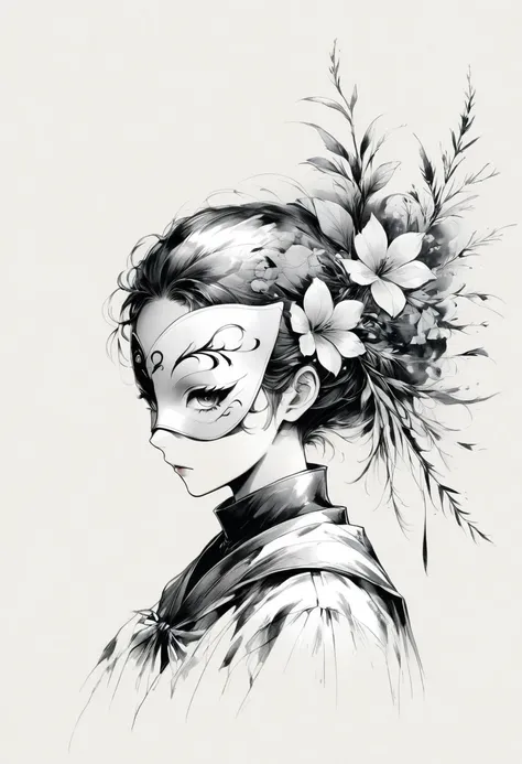 (Anime line drawing:1.5)，(Black and White:1.45)，Minimalism，(Line art:1.6)，sketch，charcoal drawing，mask，flower