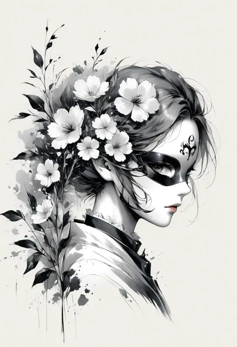 (Anime line drawing:1.5)，(Black and White:1.45)，Minimalism，(Line art:1.6)，sketch，charcoal drawing，mask，flower