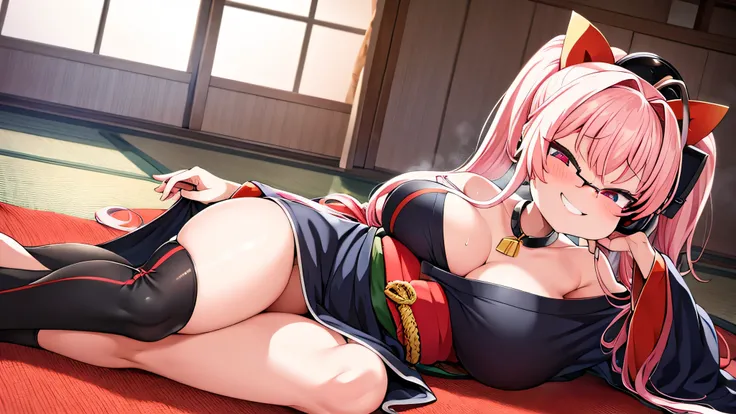 masterpiece、highest quality、1girl , huge breasts、deep cleavage、light pink hair、ponytail、brightly colored eyes、red eyes、black glasses、japanese green kimono、long hakama、flashy necklace、charm、Wet、face turns red, very sweaty, dynamic pose、Lying on the futon、He...