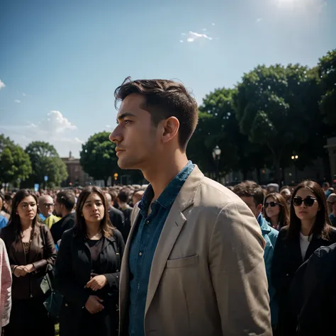 man standing in the crowd looking at the sky