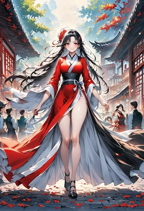 China，Tavern hostess，owner，Red Hanfu，Beautiful hair accessories，Stand up，front，Looking at the audience，Full Body Love，Standing solemnly，Smile，Spring breeze full of petals，Maximum chest，Bare thighs，Fully understand，The artwork should transition from a penci...