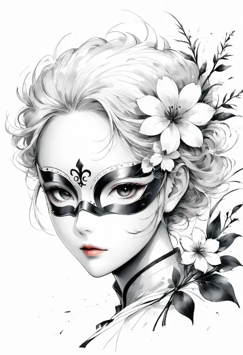 (Anime line drawing:1.5)，(Black and White:1.45)，Minimalism，(Line art:1.6)，sketch，charcoal drawing，mask，flower