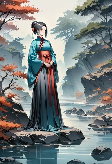 manganese,1 Girl,Solitary,Long hair,water,Black Hair,jewelry,Hair Bun,earrings,Chinese clothes,Hanfu,Hair accessories,flower,Branches,Long sleeve,skirt,rock,sash,single Hair Bun,Tree,whole body,permanent,