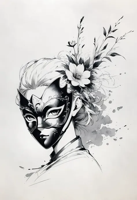 (Anime line drawing:1.5)，(Black and White:1.45)，Minimalism，(Line art:1.6)，sketch，charcoal drawing，mask，flower