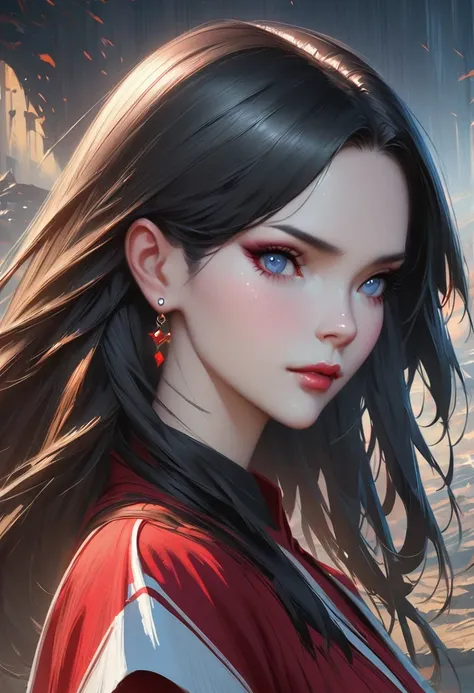 Has long black hair、Wearing a red dress、Anime girl wearing earrings, Guvitz-style artwork, Guvitz, Detailed digital anime art, Guweiz in Pixiv ArtStation, Guweiz on Artstation Pixiv, Detailed portrait of anime girl, Stunning anime face portraits, author：Ya...