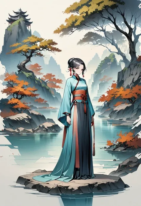 manganese,1 Girl,Solitary,Long hair,water,Black Hair,jewelry,Hair Bun,earrings,Chinese clothes,Hanfu,Hair accessories,flower,Branches,Long sleeve,skirt,rock,sash,single Hair Bun,Tree,whole body,permanent,