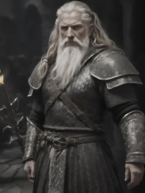 (Highest quality:1.3), cinematic shot, masterpiece, (sharp focus:1.5), (photorealistic:1.3),  medium portrait of (a weary-looking but still proud and fierce-looking old Viking warrior, now the leader of his village, dressed in elaborately detailed chain ma...