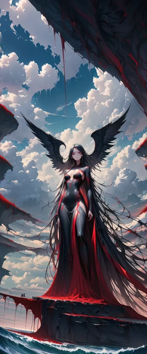 black、White、Blue and Red,(best quality, Super detailed, high resolution, Extremely detailed CG),Wide-angle lens,Dead angel standing on the edge of a cliff,She is beautiful,She likes blood and the ocean,Blood Rain, mystery,Fanatic, Wheels within wheels, Sur...