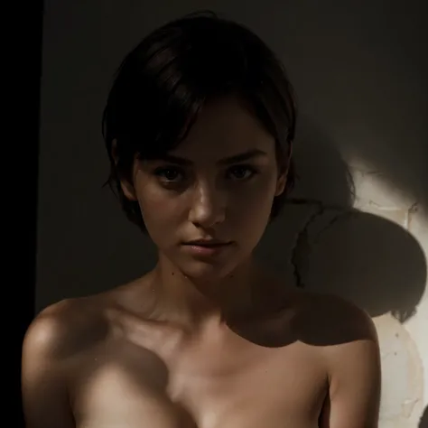 Best quality, masterpiece, ultra high res, (photorealistic:1.5), raw photo, 1girl, offshoulder, in the dark, deep shadow, low key, cold light, sexy look, short hair