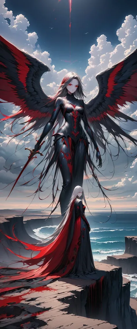 black、White、Blue and Red,(best quality, Super detailed, high resolution, Extremely detailed CG),Wide-angle lens,Dead angel standing on the edge of a cliff,She is beautiful,She likes blood and the ocean,Blood Rain, mystery,Fanatic, Wheels within wheels, Sur...