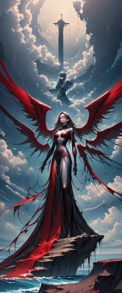 black、White、Blue and Red,(best quality, Super detailed, high resolution, Extremely detailed CG),Wide-angle lens,Dead angel standing on the edge of a cliff,She is beautiful,She likes blood and the ocean,Blood Rain, mystery,Fanatic, Wheels within wheels, Sur...